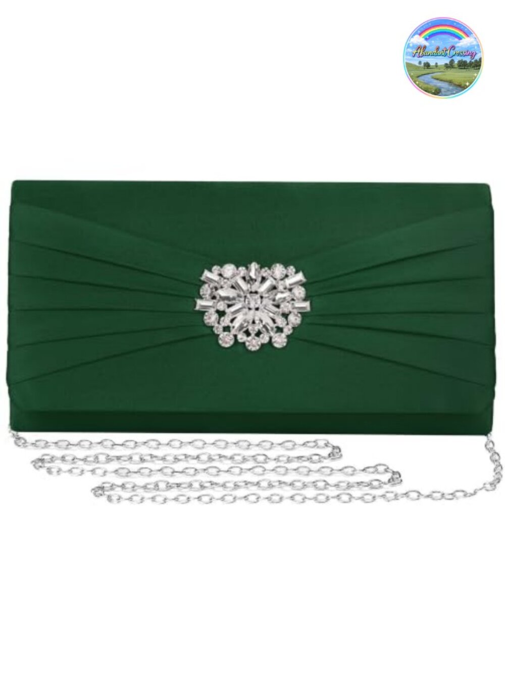 Pleated Satin Rhinestone Brooch Evening Clutch Detachable Chain Women's Formal
